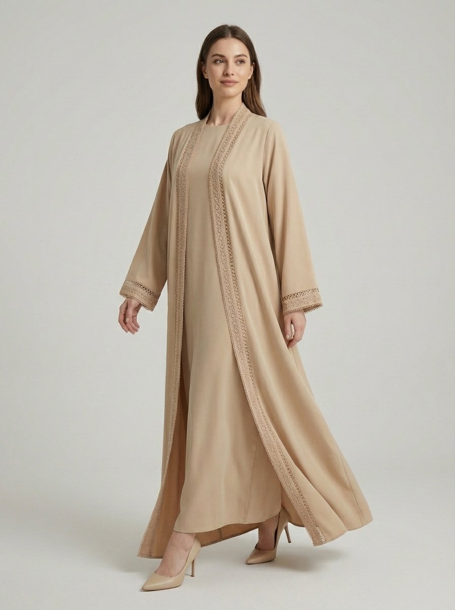 Beige Geometric Lace Trim Open Front Abaya - Image 7