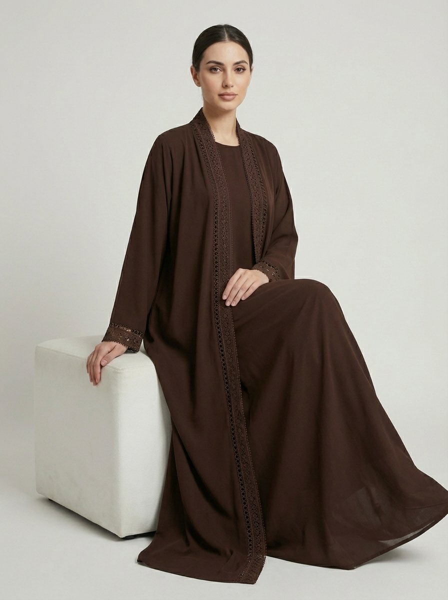 Dark Brown Geometric Lace Trim Open Front Abaya - Image 5