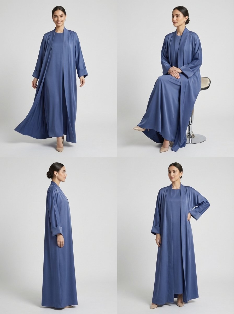 Classic Dusty Blue Open Front Abaya Set - Image 5