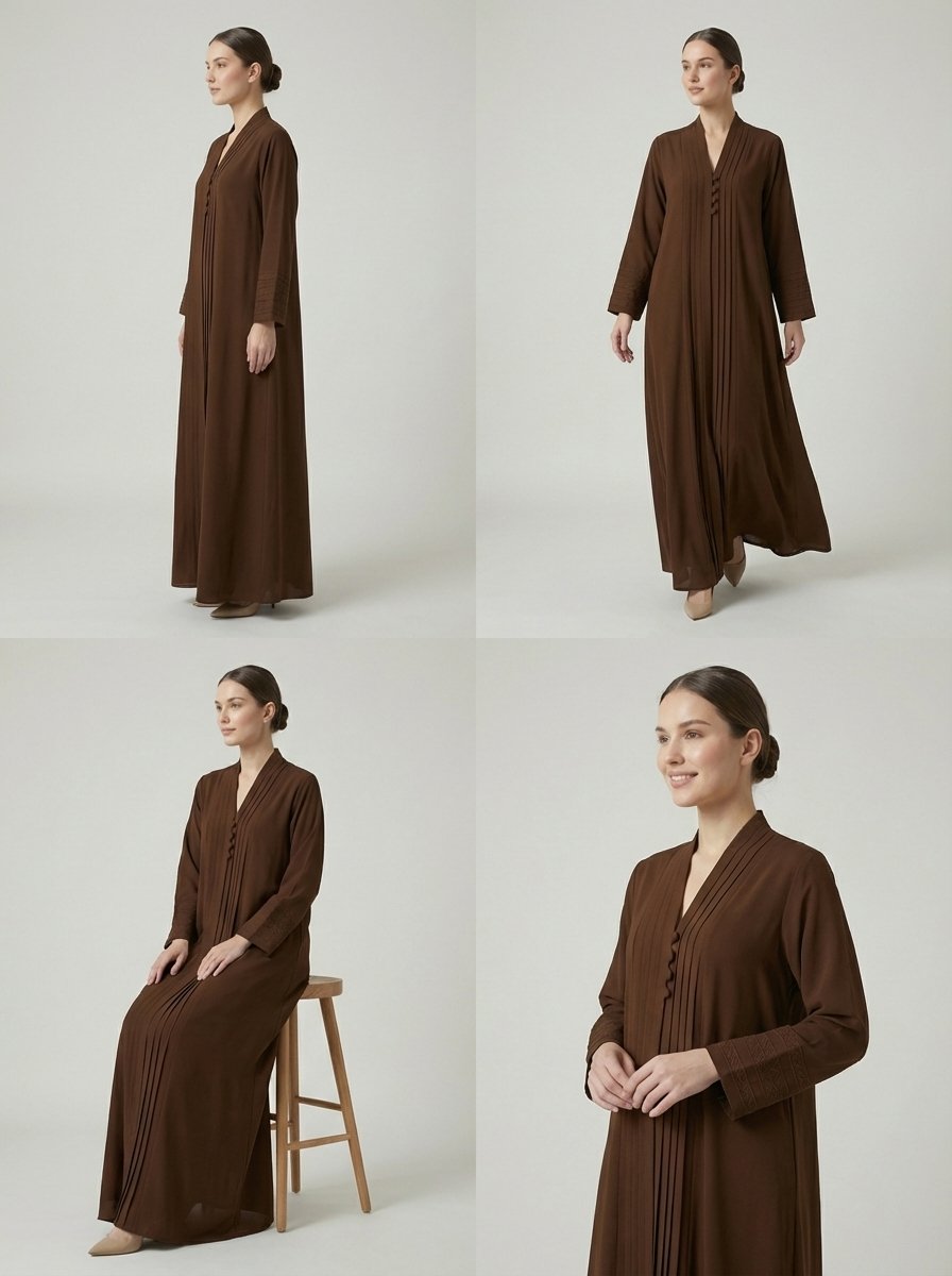 Chocolate Brown Pleated Front Abaya with Button Details - Image 2
