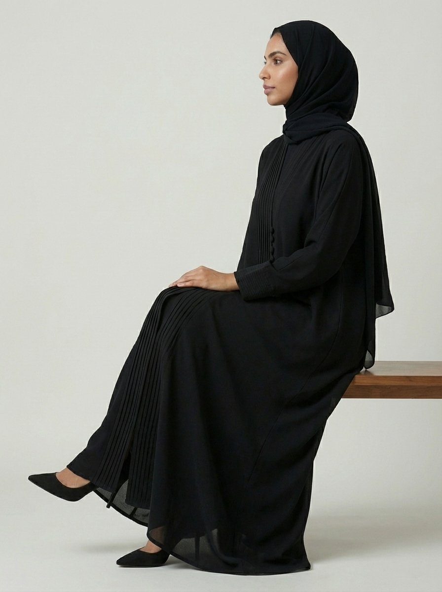 Classic Black Pleated Front Abaya with Button Details - Image 2