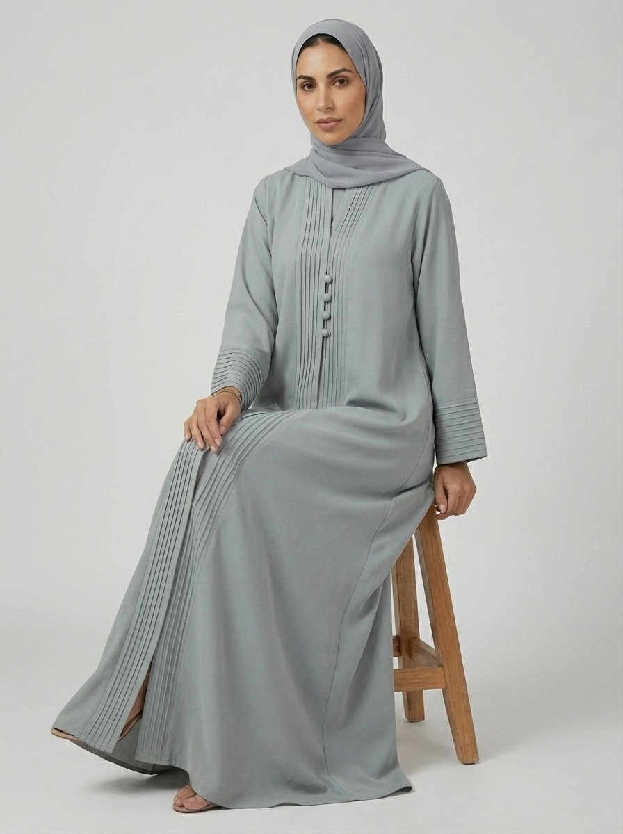 Light Gray Pleated Front Abaya with Button Details - Image 3