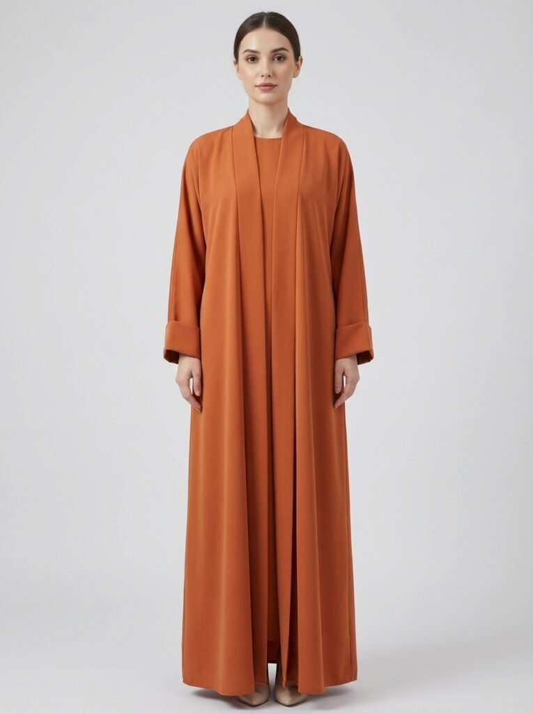 Classic Open Front Abaya Set with Folded Cuffs - Rust Orange