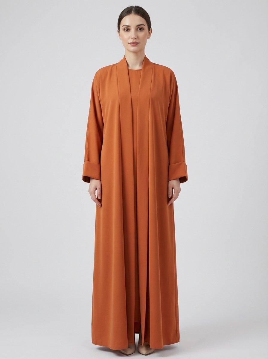 Classic Open Front Abaya Set with Folded Cuffs - Rust Orange