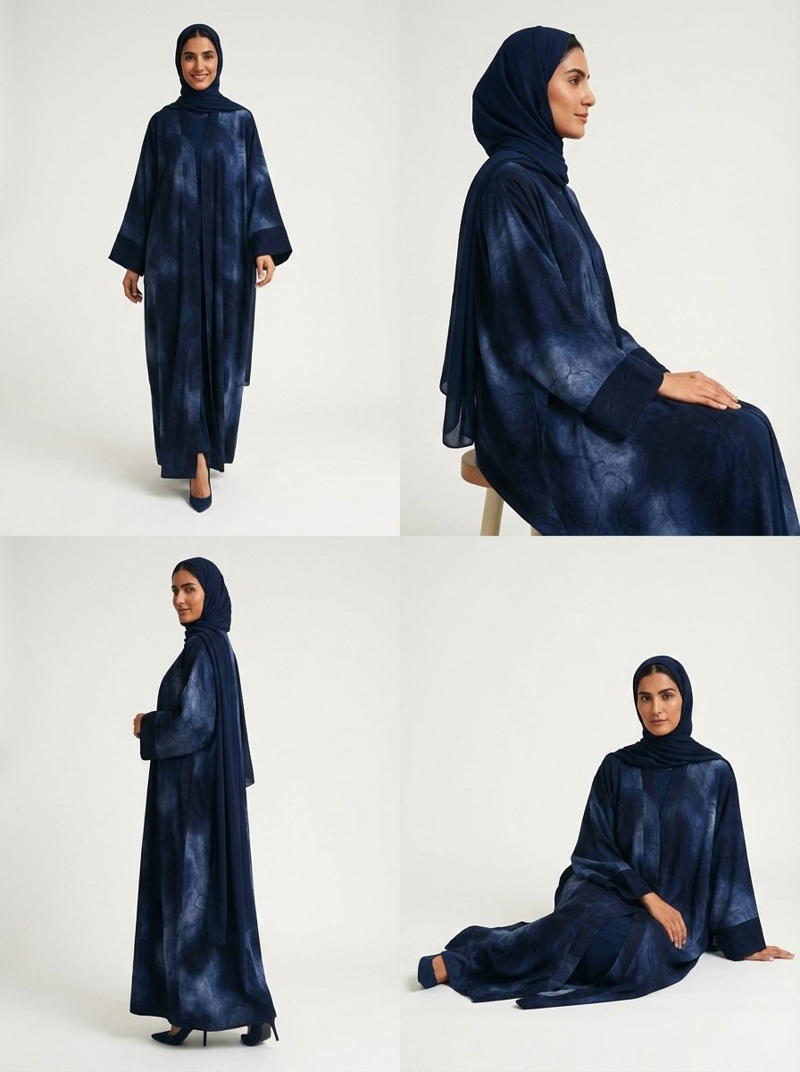 Navy Blue Abstract Marble Print Open Abaya - Image 6
