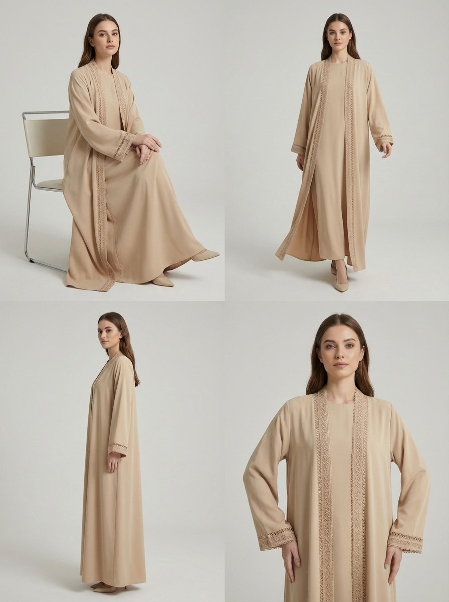 Beige Geometric Lace Trim Open Front Abaya - Image 3