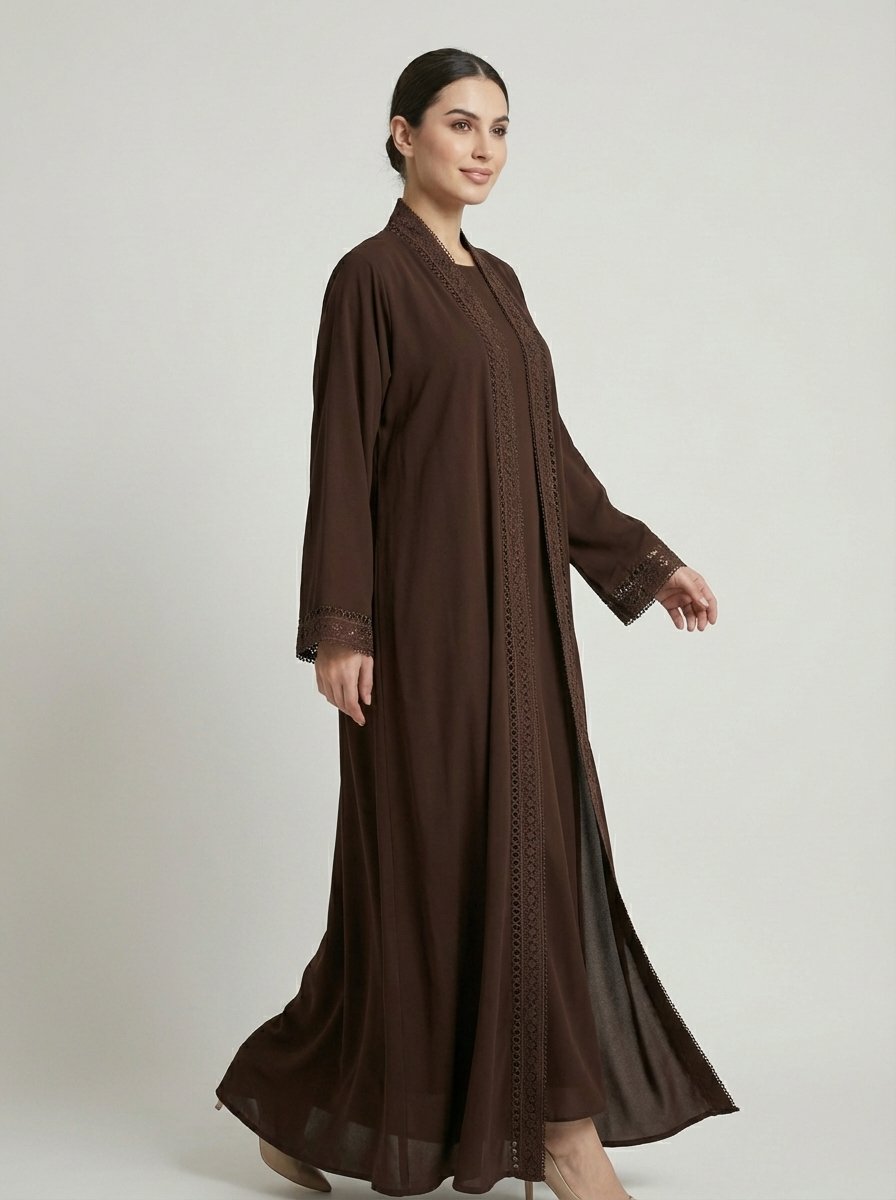 Dark Brown Geometric Lace Trim Open Front Abaya - Image 4