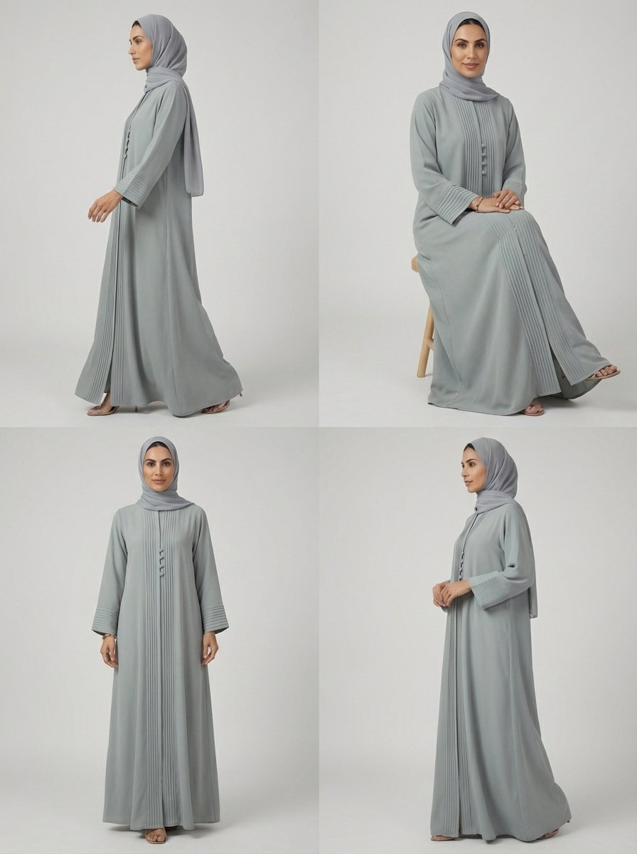 Light Gray Pleated Front Abaya with Button Details - Image 2