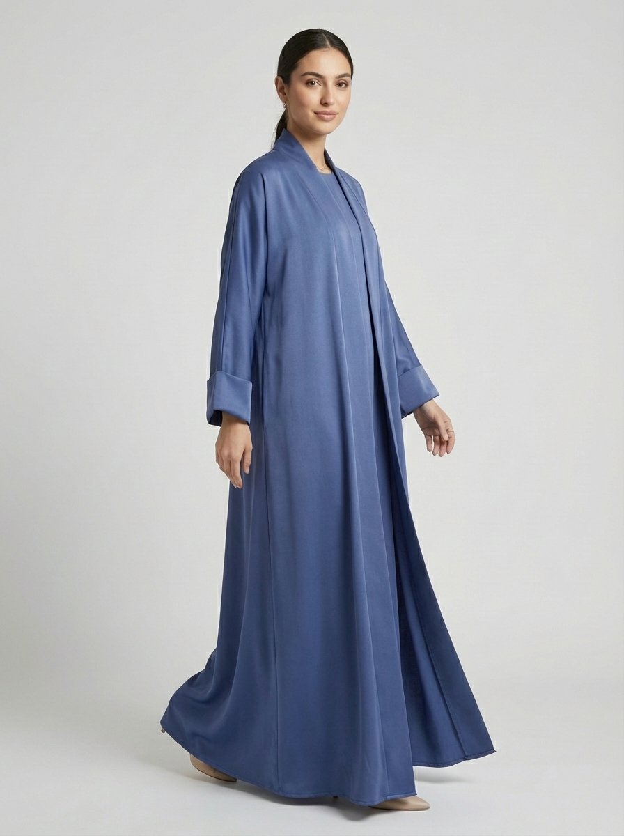 Classic Dusty Blue Open Front Abaya Set - Image 4