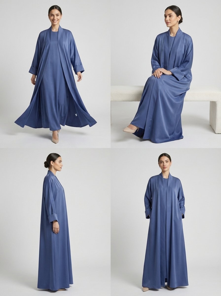 Classic Dusty Blue Open Front Abaya Set - Image 3