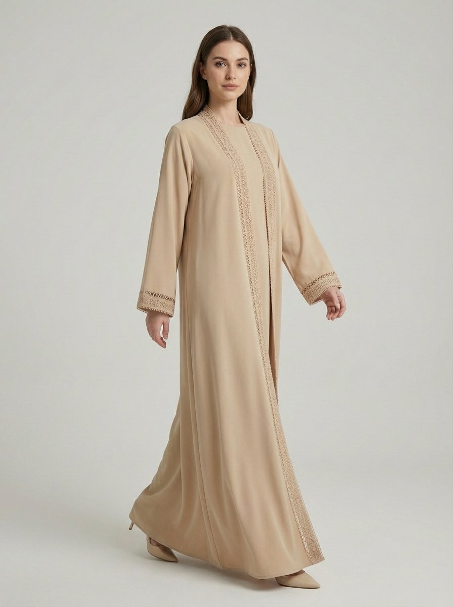 Beige Geometric Lace Trim Open Front Abaya - Image 8