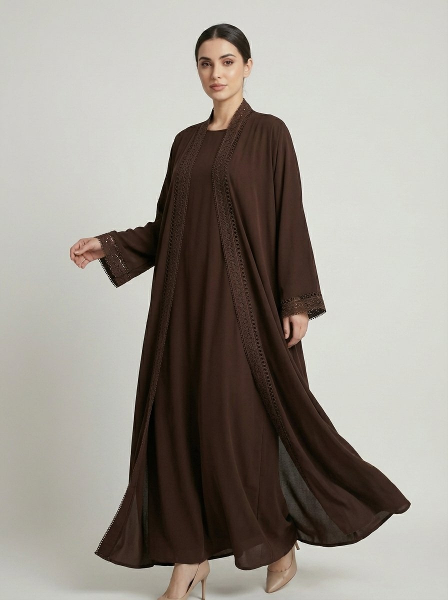 Dark Brown Geometric Lace Trim Open Front Abaya - Image 3