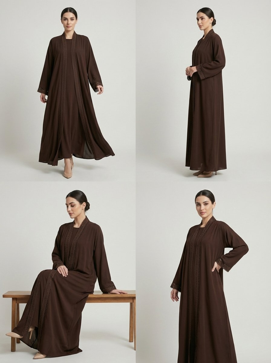 Dark Brown Geometric Lace Trim Open Front Abaya - Image 2