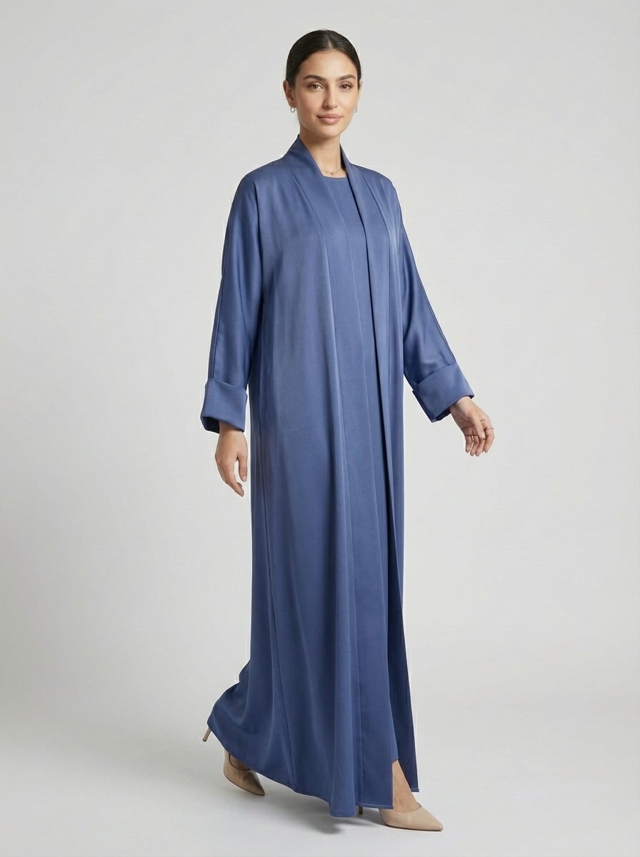 Classic Dusty Blue Open Front Abaya Set - Image 2