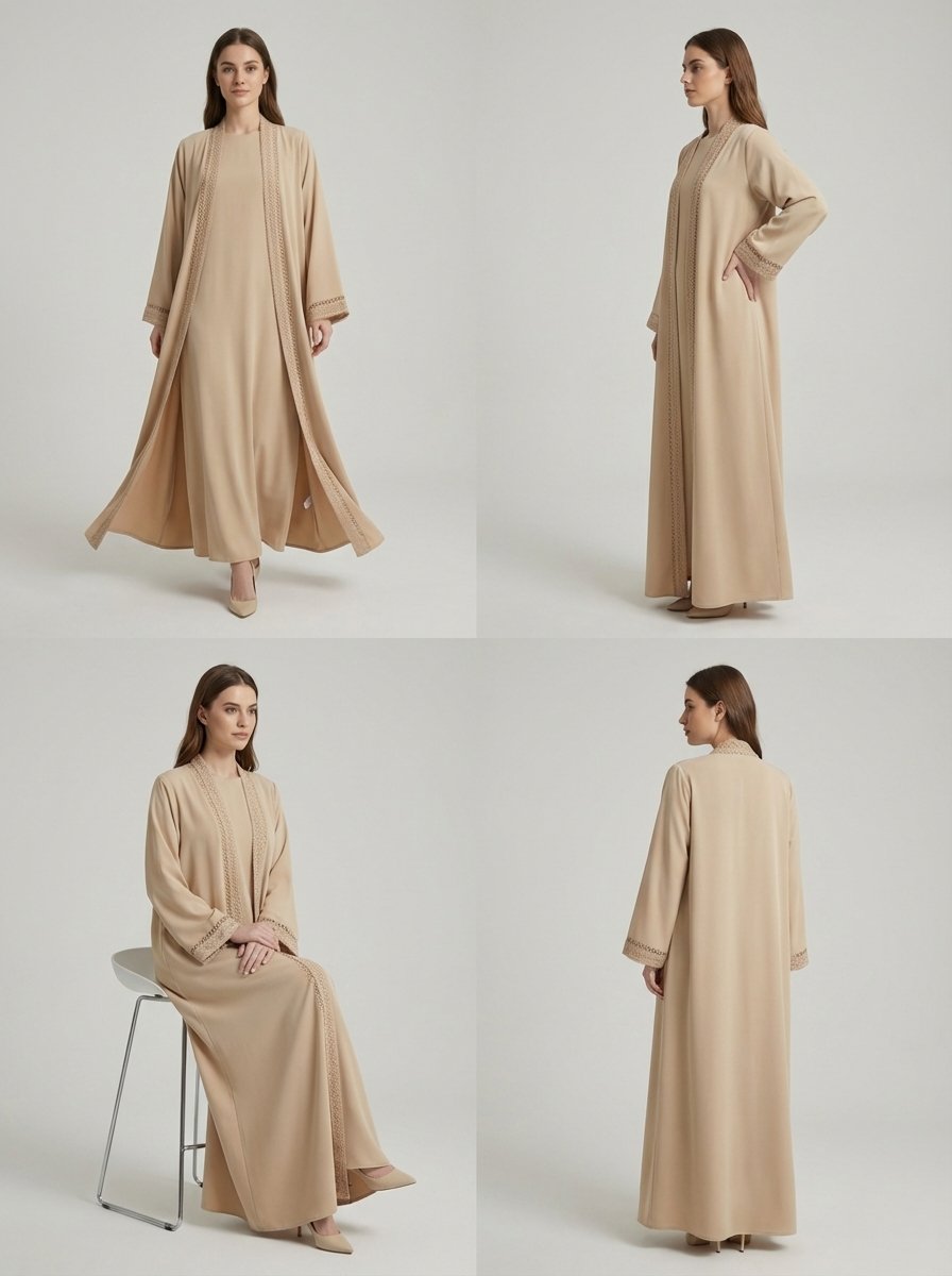 Beige Geometric Lace Trim Open Front Abaya - Image 9