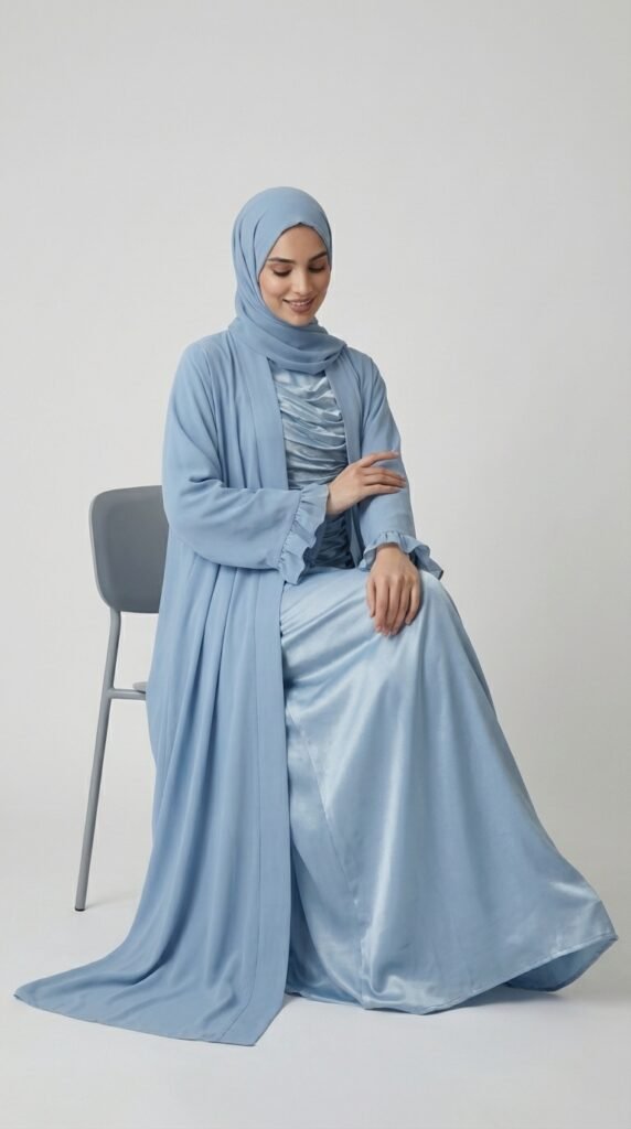 Serene Powder Blue Abaya Set with Ruched Inner Dress & Ruffled Sleeves